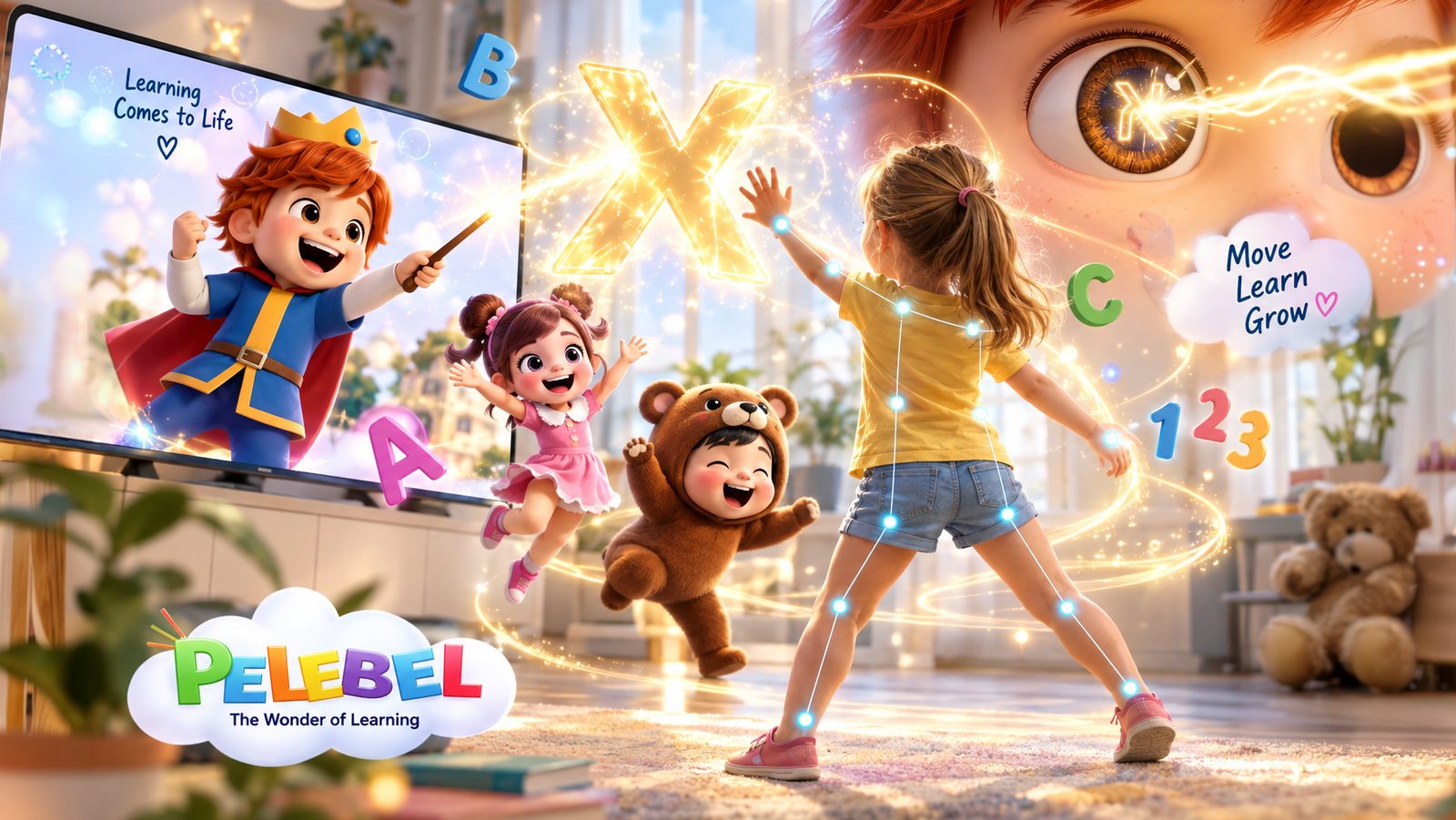Children learning through movement in front of Pelebel's AI-powered screen